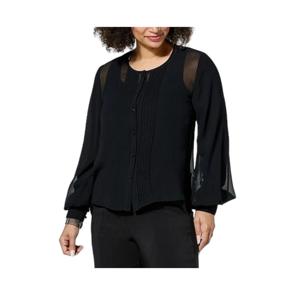 WynneCollection Women's Chiffon Tuxedo Shirt Black - Regular